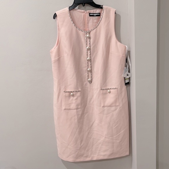 NWT Karl Lagerfeld Paris Tweed faux pearl Embellished Sheath Dress in Pink - Picture 2 of 4